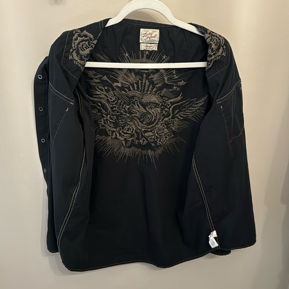 Lucky Brand Embroidered Black Tan Cotton Snap Long Sleeve Shirt Large - Picture 5 of 10